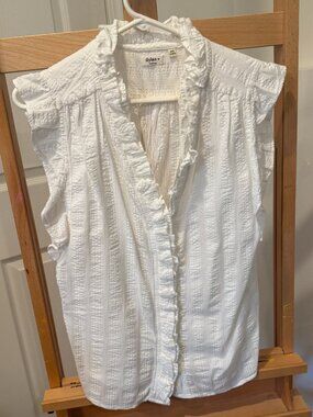 Dylan Sleeveless Ruffle Neck and Sleeves Blouse White Med Cotton